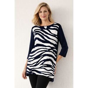 Chico’s Zebra Print Tunic Top Size 3 L XL Navy White Hi Low 3/4 Sleeve Stretch
